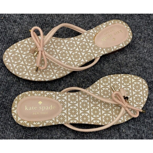 Kate Spade Sandals Women Size 6.5 Mistic Bow Flat Thong Pink Beige Flip Flop - Picture 1 of 8